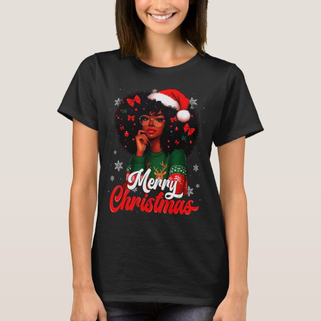 Black Girl Santa Hat Merry Christmas Pajama Africa T-Shirt (Vorderseite)