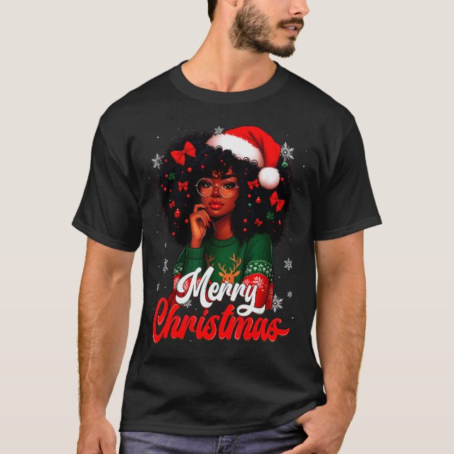 Black Girl Santa Hat Merry Christmas Pajama Africa T-Shirt (Vorderseite)