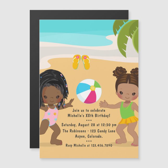 Black Girl Summer Beach Geburtstagsparty Magneteinladung (Vorne/Hinten)
