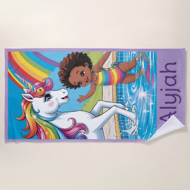 Black Girl Unicorn Schwimmen Strandtuch (Vorderseite)