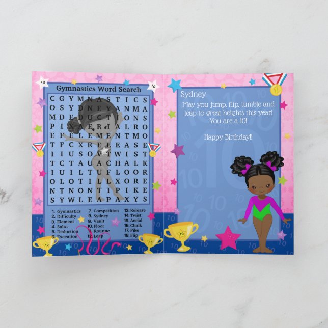 Black Girls Gymnastics Word Search Happy Birthday Karte (Innenseite)