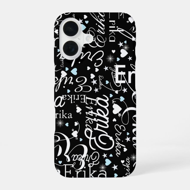 Black Girly Calligraphy Typografy Name Pattern iPhone 16 Hülle (Rückseite)
