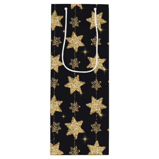 Black Glam Glitzer Stars Pattern Geschenktüte Für Weinflaschen (Vorderseite)