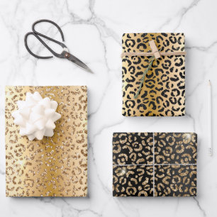 Black Glam Gold Glitzer Leopard Geschenkpapier Set