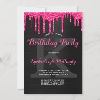 Black Glam Hot Pink Glitzer Tropfen Geburtstagspar Einladung
