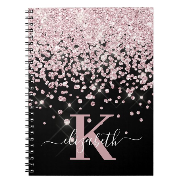 Black Glam Rose Gold Glitzer Diamond Monogram Notizblock (Vorderseite)