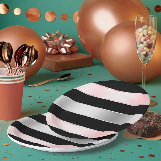 Black Glam Silver Blush Pink Ribbon Geburtstag Pappteller (Multi)