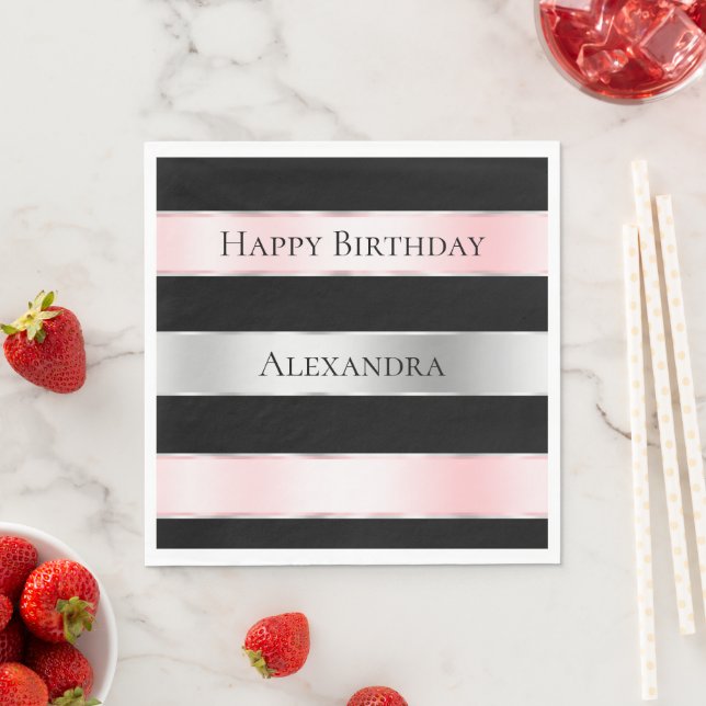 Black Glam Silver Blush Pink Ribbon Geburtstag Serviette (Beispiel)