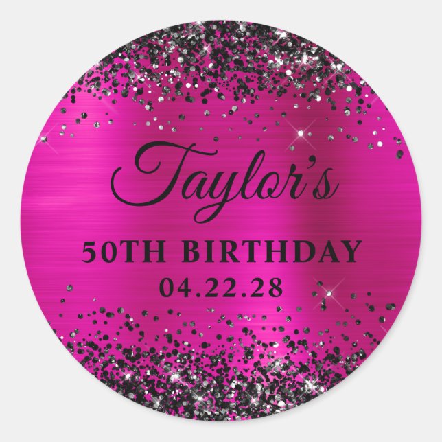 Black Glitter Hot Pink Foil 50th Birthday Runder Aufkleber (Vorderseite)