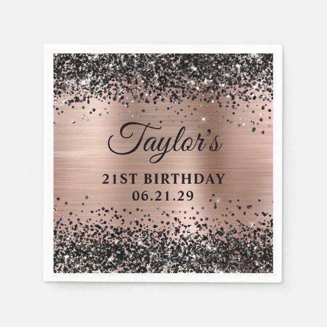Black Glitter Rose Gold Foil 21st Birthday Serviette (Vorderseite)