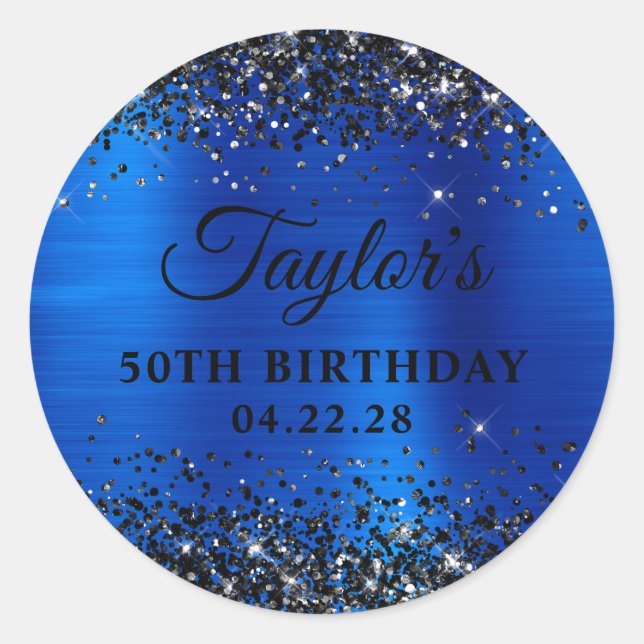Black Glitter Royal Blue Foil 50th Birthday Runder Aufkleber (Vorderseite)