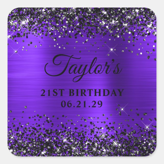 Black Glitter Violet Foil 21st Birthday Quadratischer Aufkleber (Vorderseite)