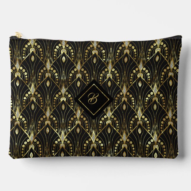 Black Glittery Gold & Silver Art Deco Muster Zubehörtasche (Vorderseite)