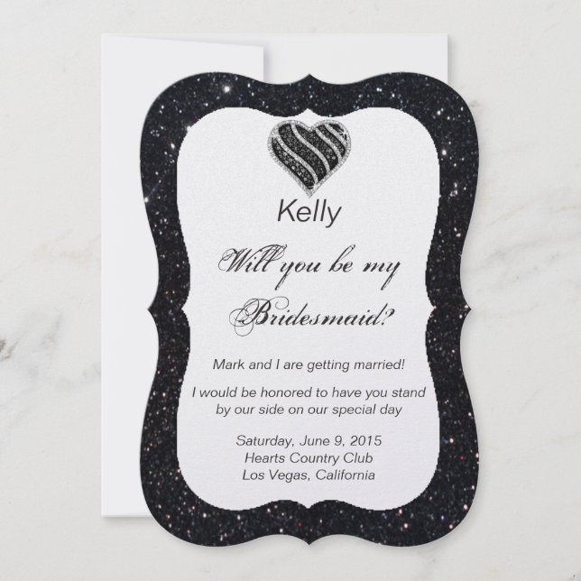 Black Glitzer Black Heart Bridesmaid Card Einladung (Vorderseite)