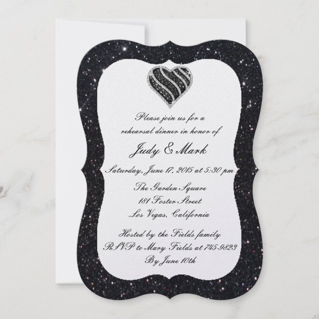 Black Glitzer Black Heart Probe Dinner einladen Einladung (Vorderseite)