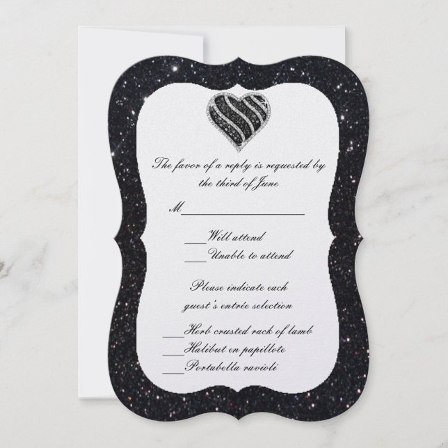 Black Glitzer Black Heart Response Card Einladung (Vorderseite)