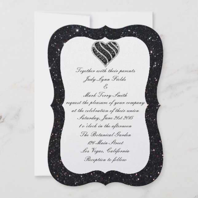 Black Glitzer Black Heart Wedding Einladung (Vorderseite)