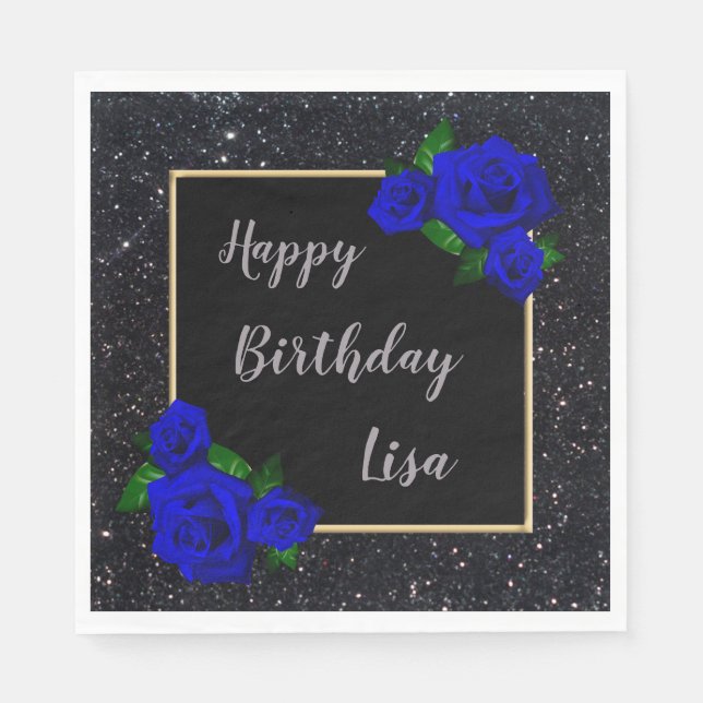 Black Glitzer Deep Blue Rose Geburtstag Serviette (Vorderseite)