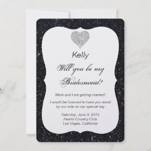 Black Glitzer Diamond Heart Bridesmaid Card Einladung