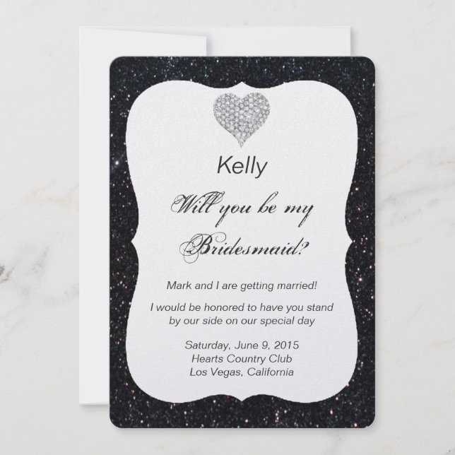 Black Glitzer Diamond Heart Bridesmaid Card Einladung (Vorderseite)