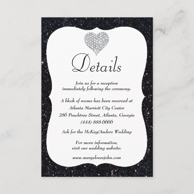 Black Glitzer Diamond Heart Wedding Details Begleitkarte (Vorderseite)