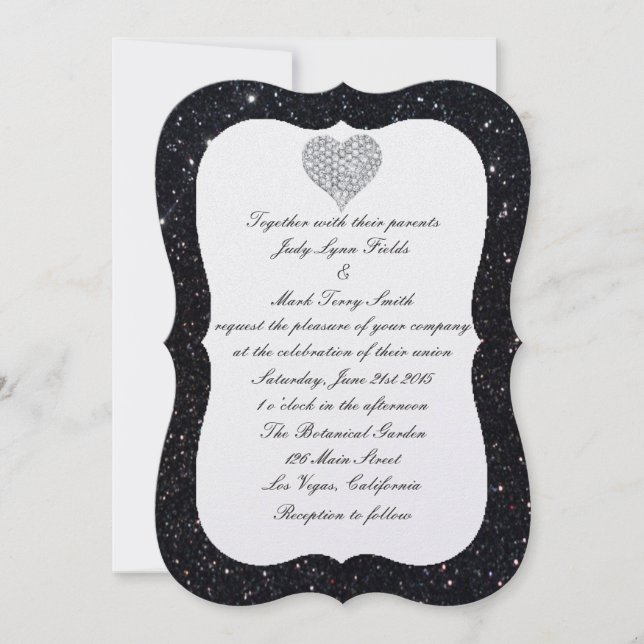 Black Glitzer Diamond Heart Wedding Einladung (Vorderseite)