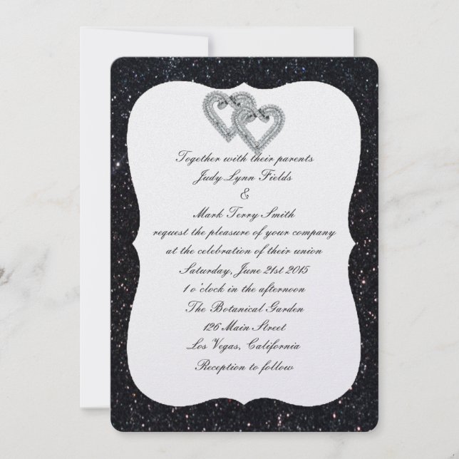 Black Glitzer Diamond Hearts Hochzeitseinladung Einladung (Vorderseite)
