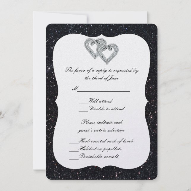 Black Glitzer Diamond Hearts Response Card Einladung (Vorderseite)