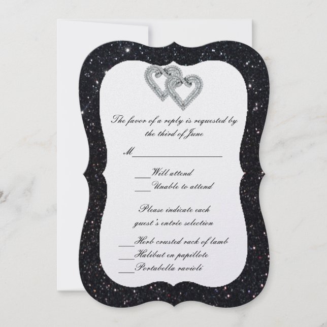 Black Glitzer Diamond Hearts Response Card Einladung (Vorderseite)