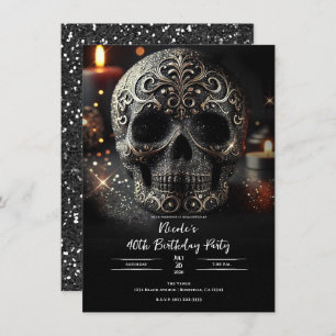 Black Glitzer Glam Sparkle Skull Gothday Einladung