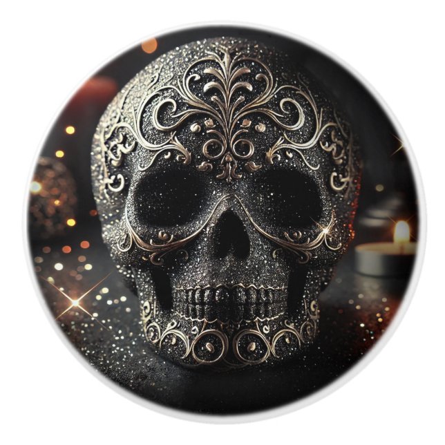 Black Glitzer Glam Sparkle Skull Gothic Keramikknauf (Vorderseite)