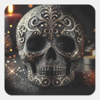 Black Glitzer Glam Sparkle Skull Gothic