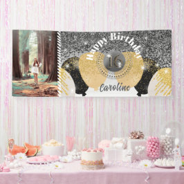 Black Glitzer & Glitzer Balloons Sweet 16 Birthday Banner