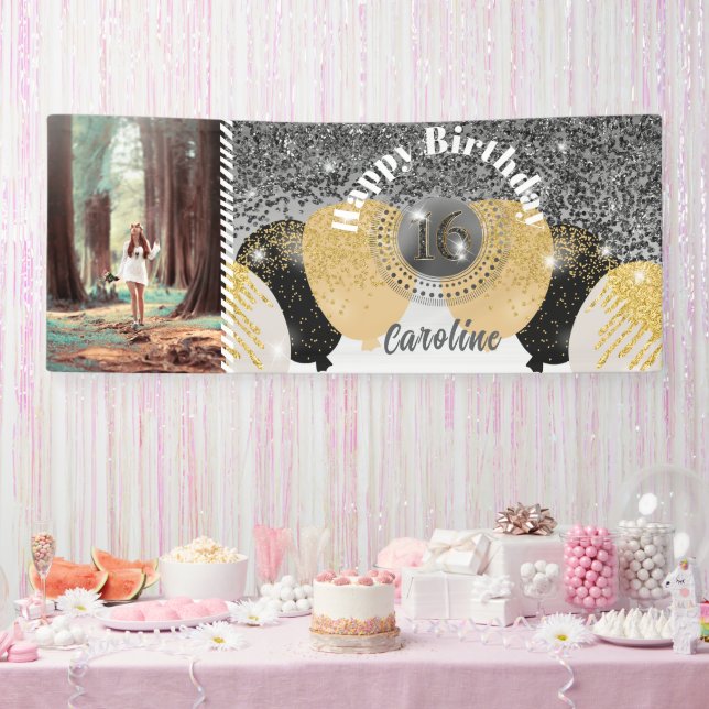 Black Glitzer & Glitzer Balloons Sweet 16 Birthday Banner (Party)