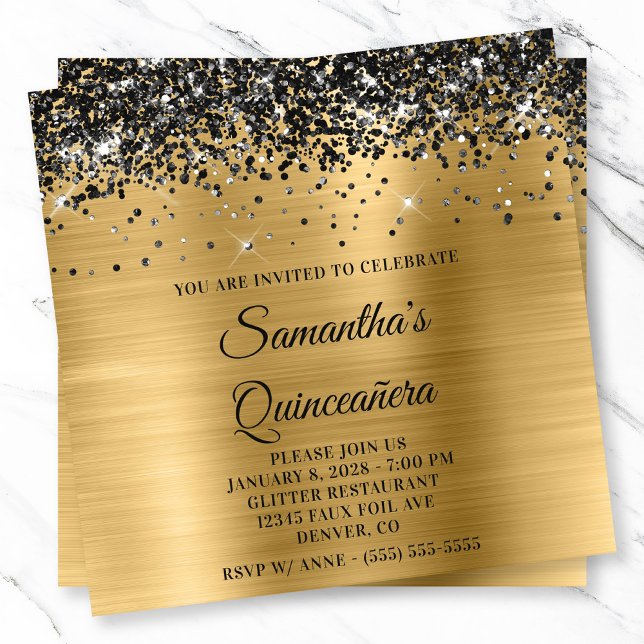 Black Glitzer Gold Metallic Look Quinceanera Einladung (Black Glitter Gold Metallic Look Quinceanera Invitation)