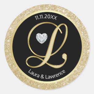 Black Glitzer Gold Monogram Wedding Umschlag Aufkl Runder Aufkleber