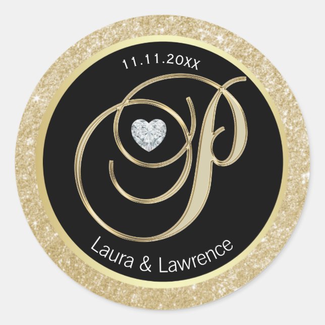 Black Glitzer Gold Monogram Wedding Umschlag Aufkl Runder Aufkleber (Vorderseite)