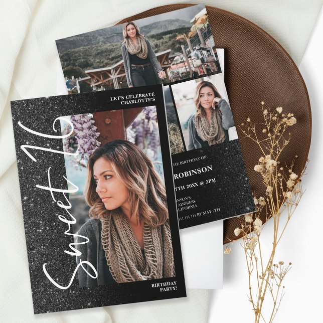 Black Glitzer ombre Skript 4 Foto Sweet 16 Einladung (Von Creator hochgeladen)