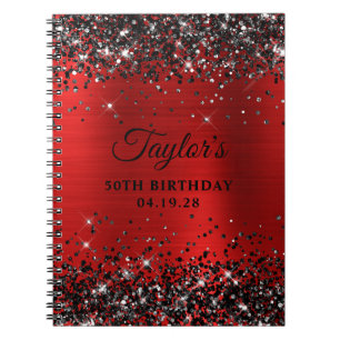 Black Glitzer Red Foil 50. Geburtstag Gästebuch Notizblock