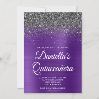 Black Glitzer Royal Lila Fox Quinceañera Einladung