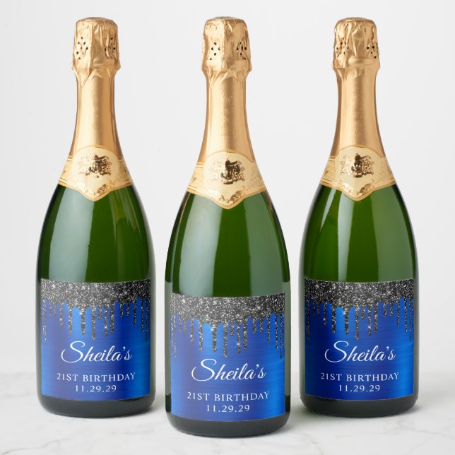 Black Glitzer Tropfen Royal Blue Glam 21. Geburtst (Flaschen)