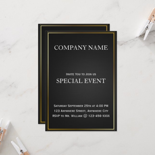 Black Gloden Frame Corporate Party Einladung Card (Vorderseite/Rückseite Beispiel)