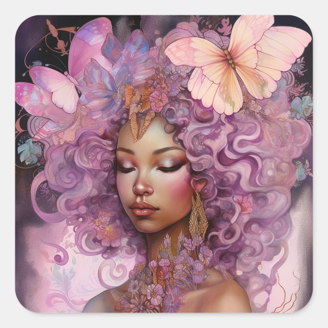Black Goddess Pink Lila Fantasy Art Quadratischer Aufkleber (Vorderseite)