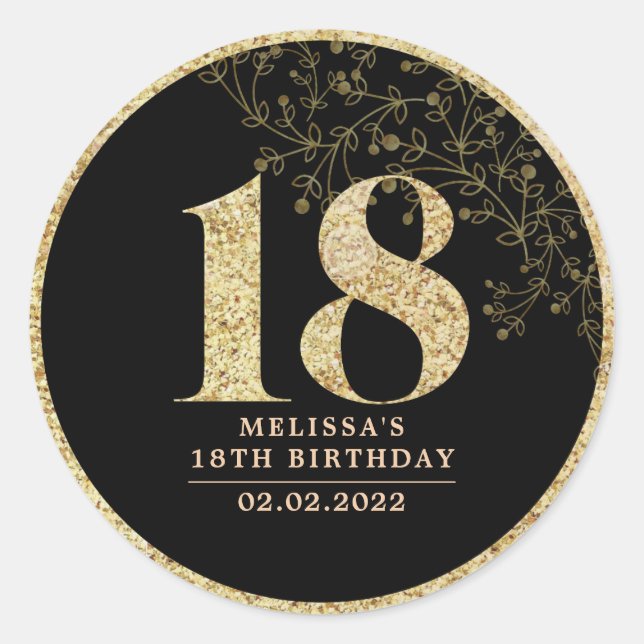 Black & Gold 18. Geburtstagsparty Gunst Sticker (Vorderseite)