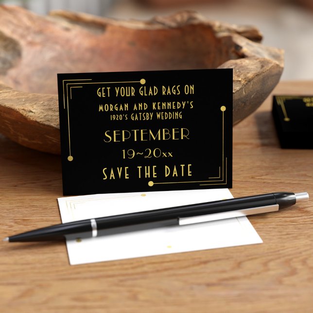 Black Gold 1920er Deko Mini Wedding Save the Dates Visitenkarte (If your having a Gatsby Wedding, here's some budget business card sized Save the Dates just for you)
