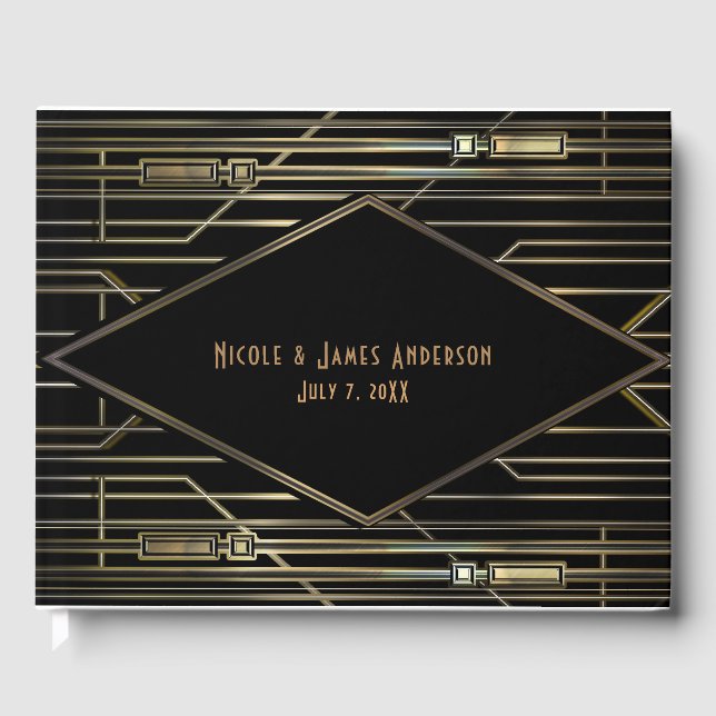 Black & Gold 20's Art Deco Gatsby Glam Wedding Gästebuch (Vorderseite)