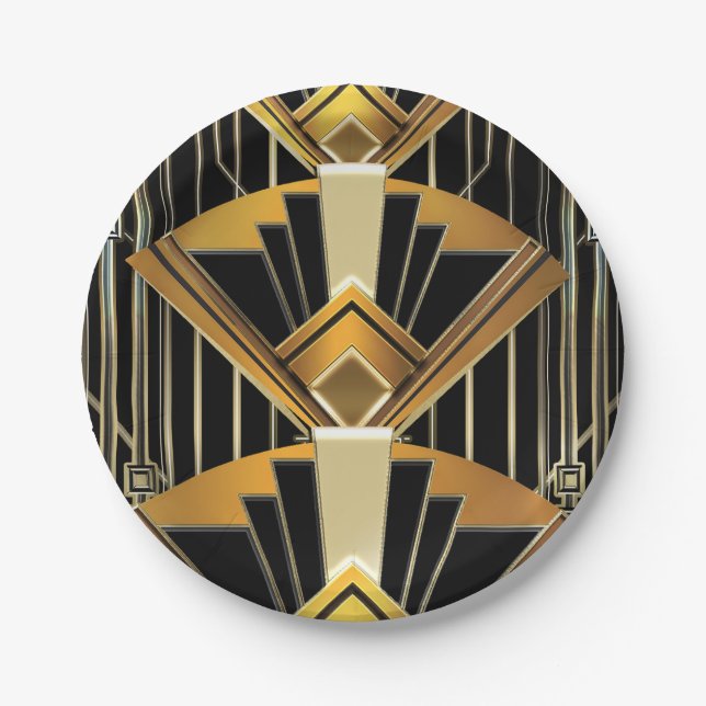Black & Gold 20's Art Deco Gatsby Glam Wedding Pappteller (Vorderseite)