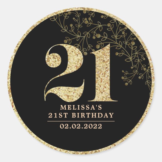 Black & Gold 21. Geburtstag Gastgeschenk Sticker (Vorderseite)