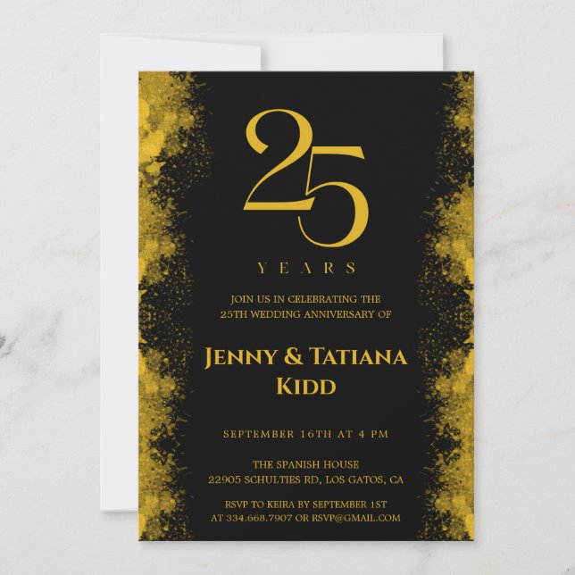 Black & Gold 25. Hochzeitstag Einladung (Vorderseite)