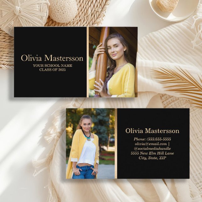 Black Gold 2 Foto Graduate Name Card Visitenkarte (Black and gold high school or college graduation photo calling cards/business cards/insert cards)